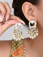 Gold-Plated Meenakari Stud Earrings with Kundan & Pearl Cluster drops - White