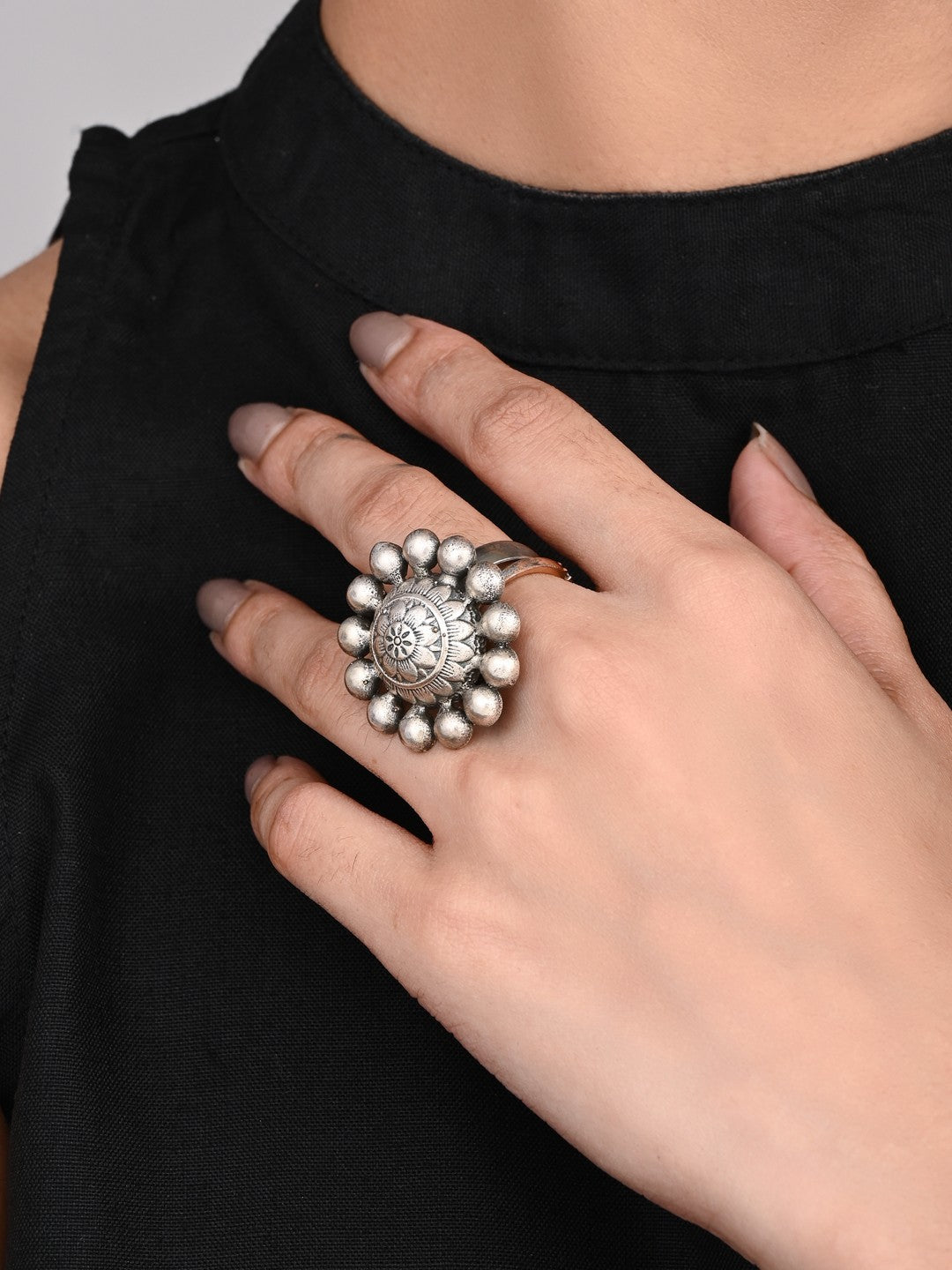 Handcrafted Oxidised Silver Floral Statement Ring