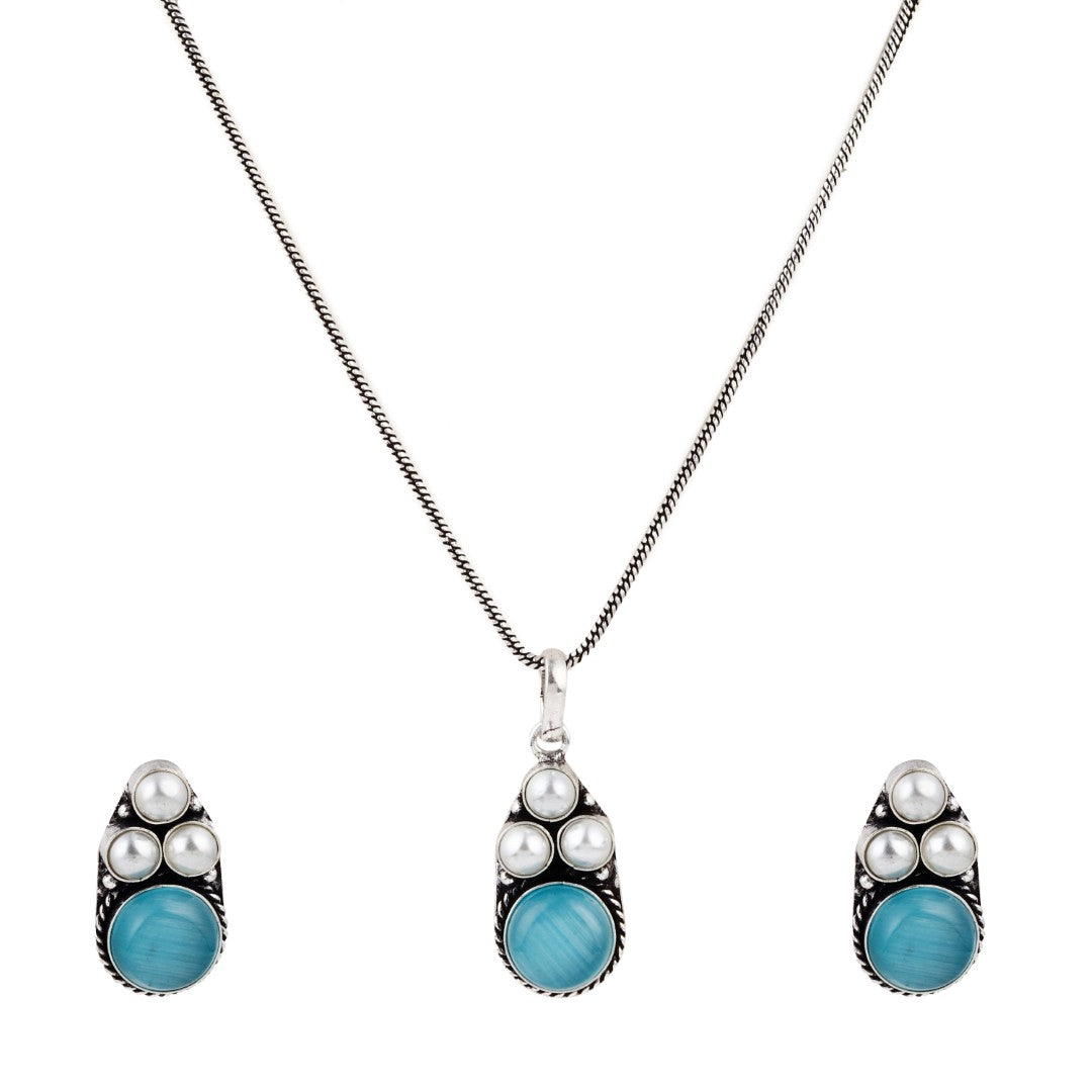 Silver Oxidised finish Pearl & Stone  pendant Set Blue