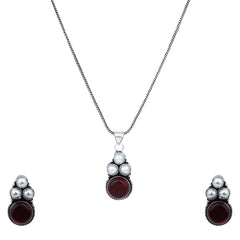 Silver Oxidised finish Pearl & Stone  pendant Set Maroon