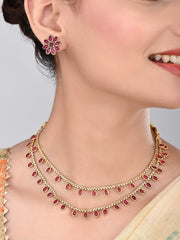 Gold Plated Delicate double layered Necklace Set - Red
