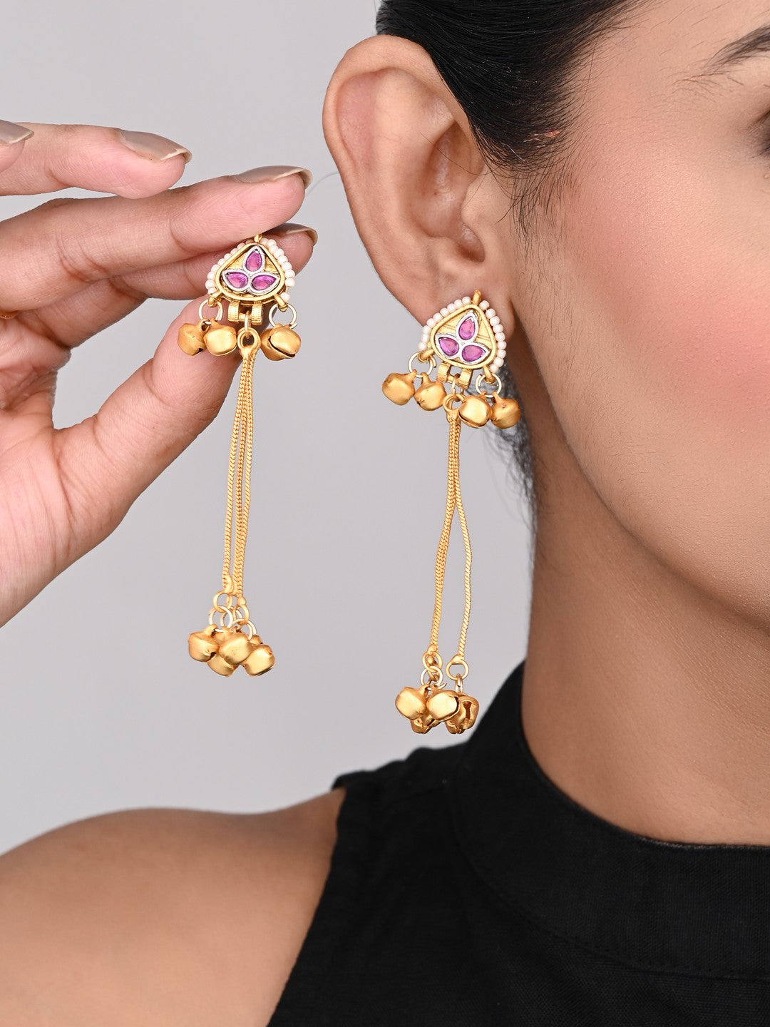 Gold-Plated Temple Bell Earrings- Red
