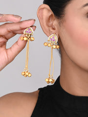 Gold-Plated Temple Bell Earrings- Red