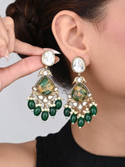 Gold plated two tone Pear shaped stone drop earring - Green