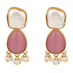 Gold-Plated Drop Earrings with Monalisa Stone & Baroque Pearl