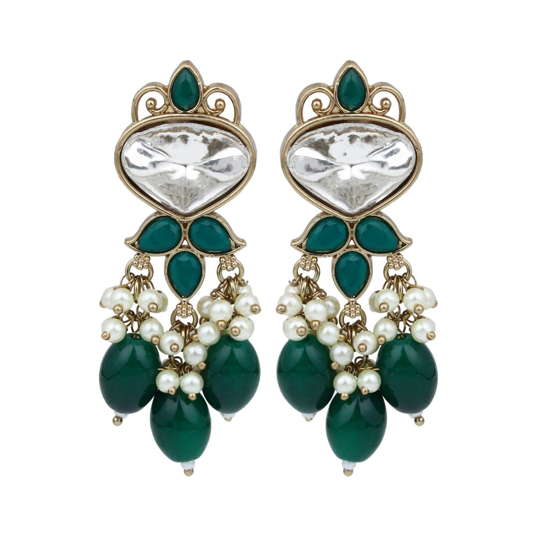 Gold plated Kundan & Pearl drop Earrings- Green