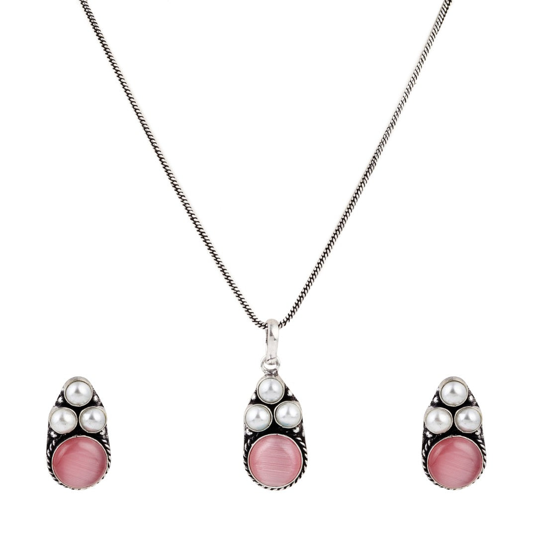Silver Oxidised finish Pearl & Stone  pendant Set Pink