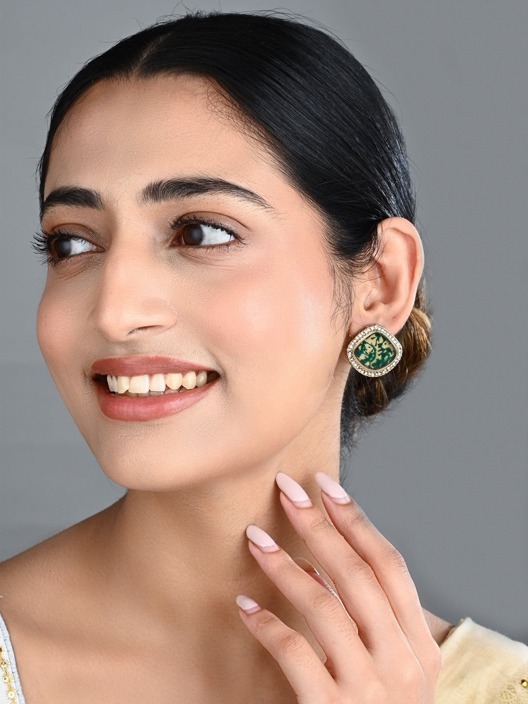 Heritage-Inspired Stone Stud Earrings - Green