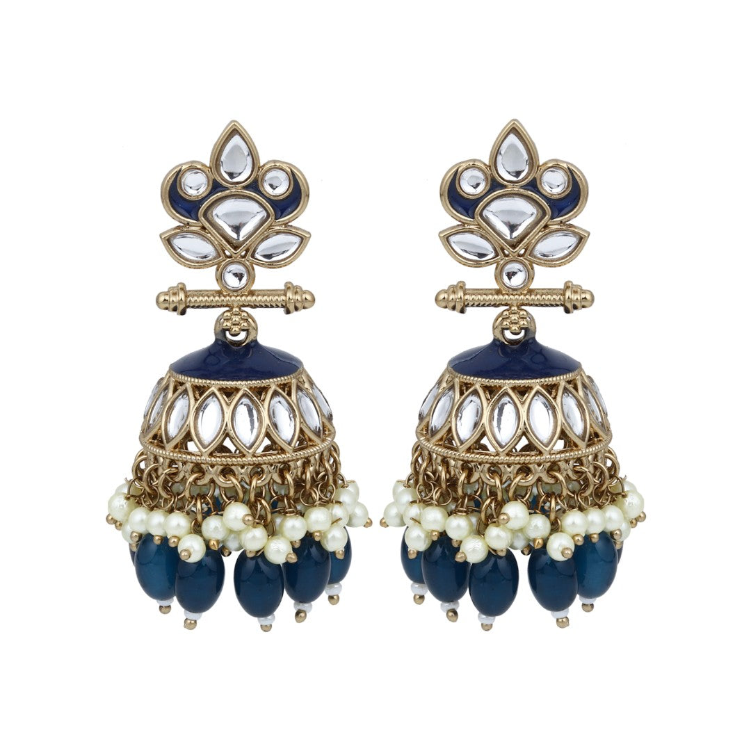 Gold plated Kundan & Meenakari Jhumka Earrings - Blue