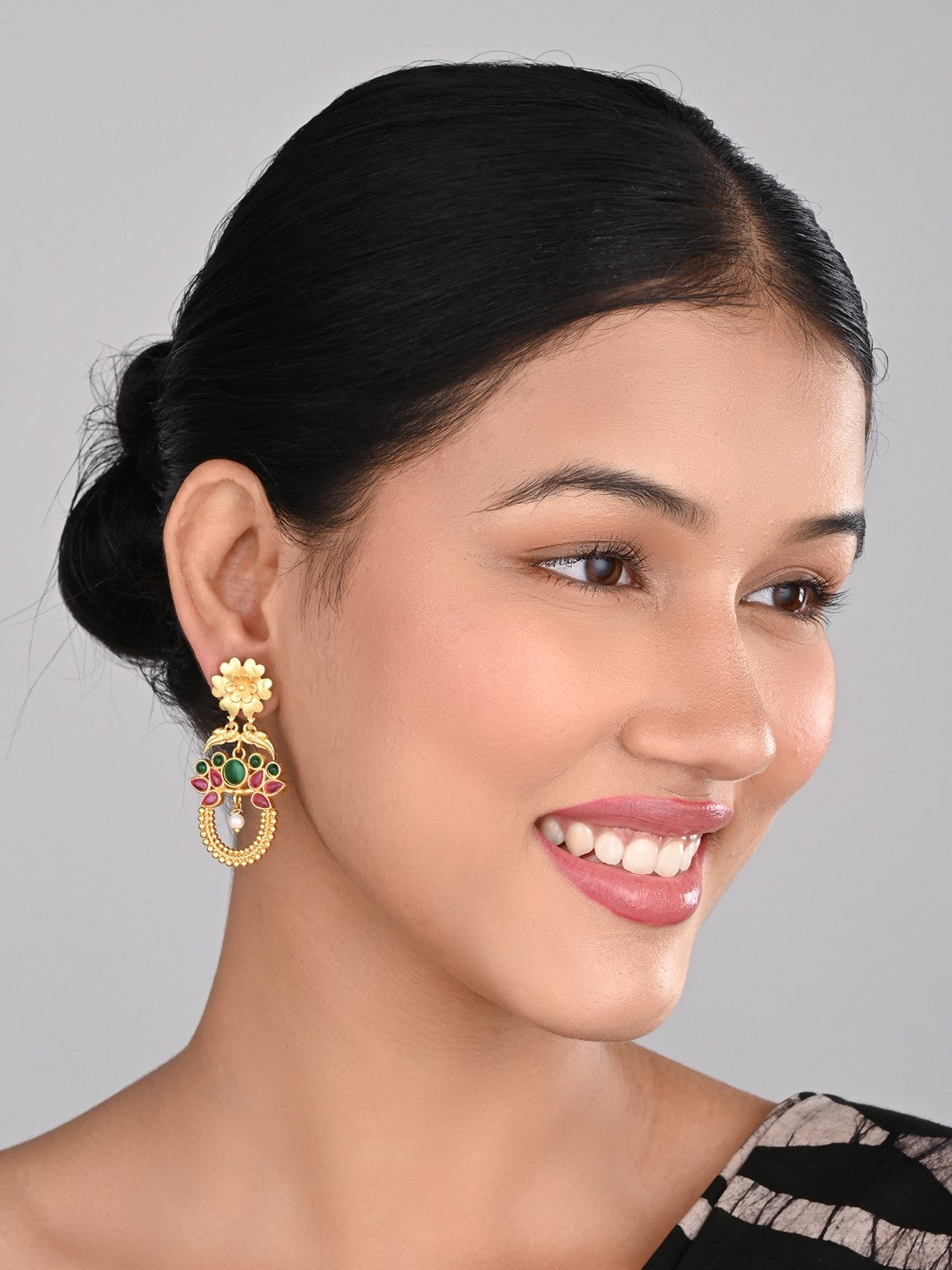 Gold-Plated Drop Earrings with Green & Red AD Stones
