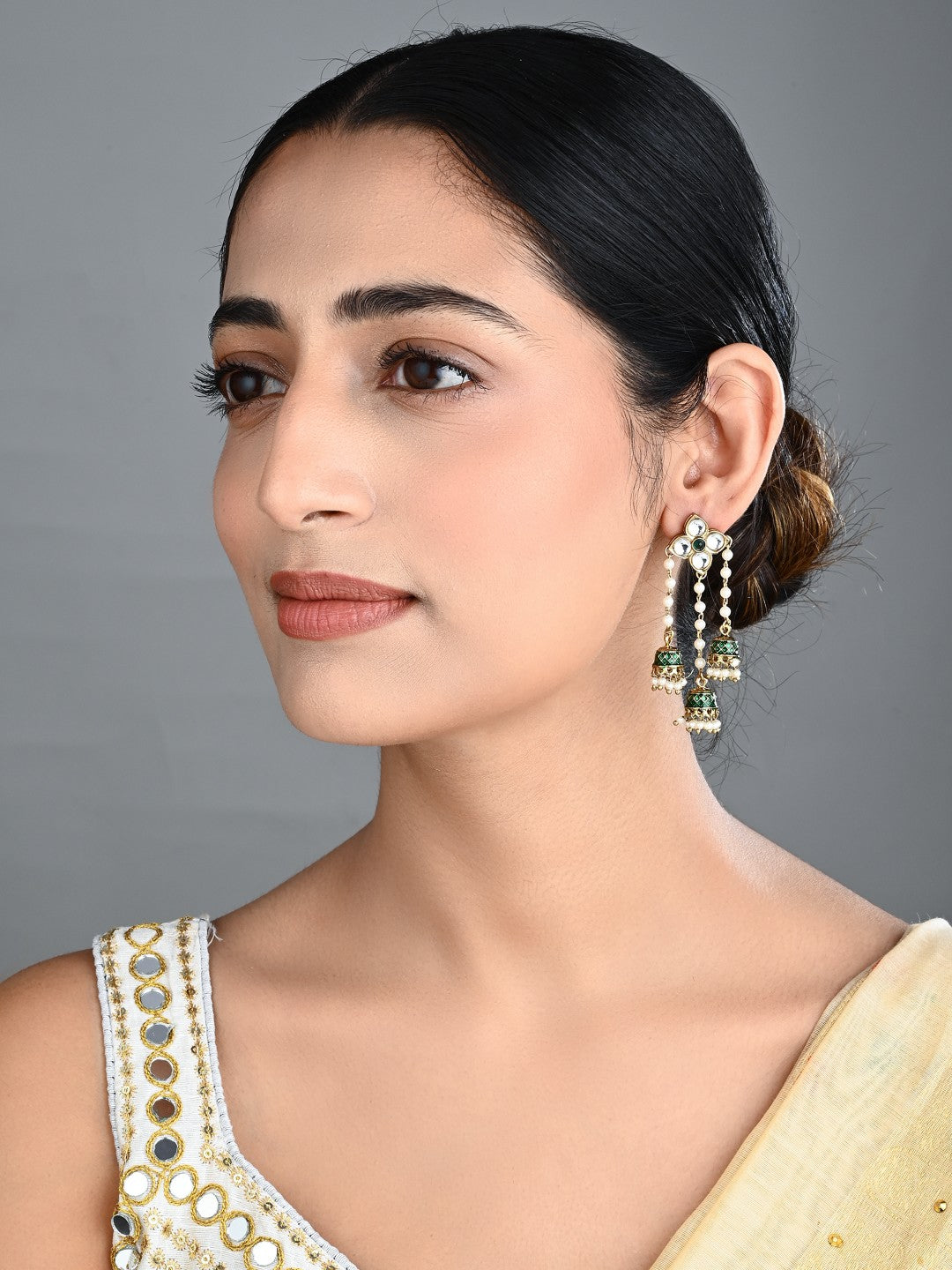 Kundan Pearl Tassel Statement Earrings - Green