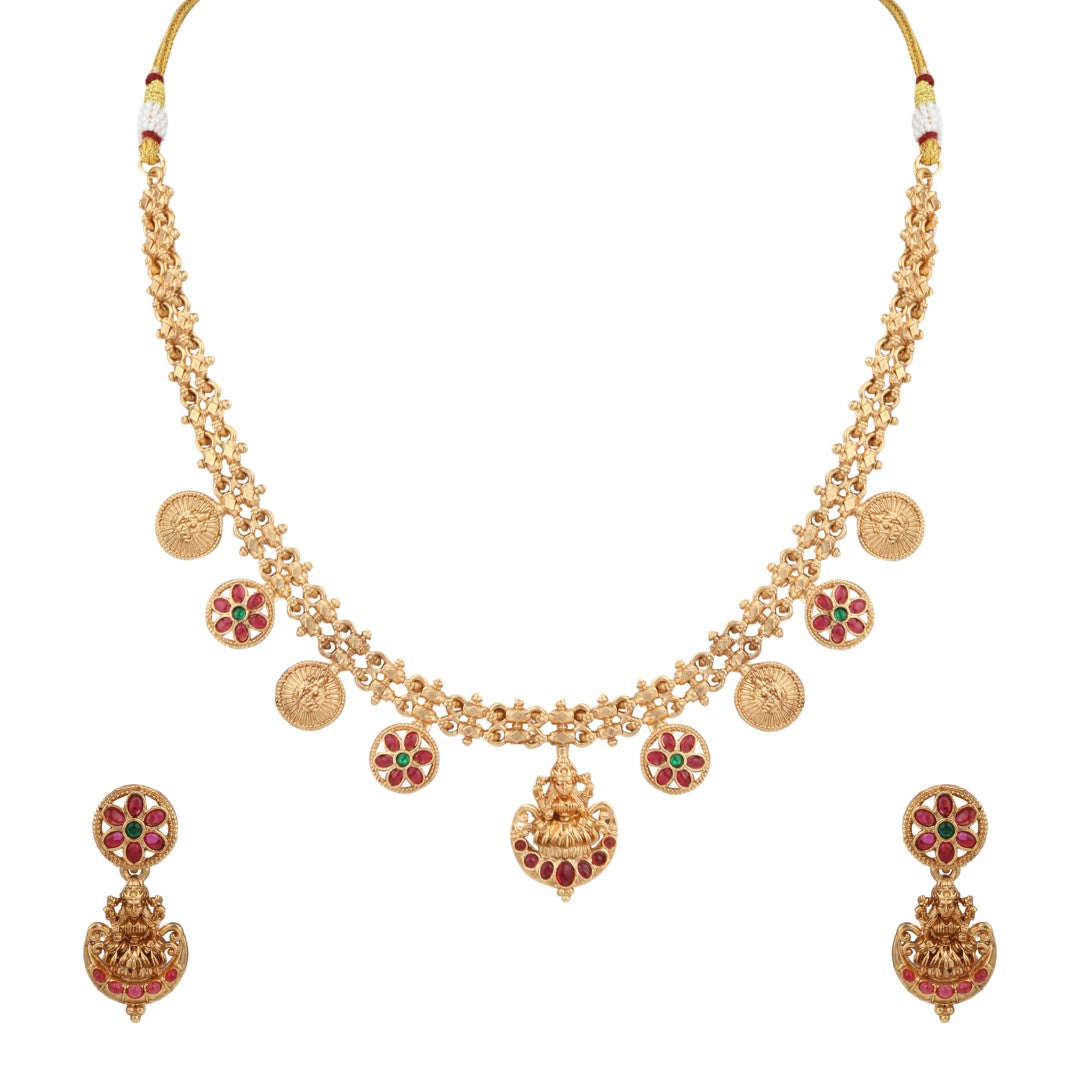 Antique Gold Floral Coin Necklace Set with Kundan Jhumka Earrings