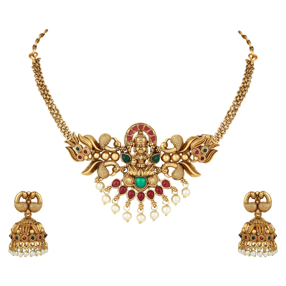 Traditional Gold Temple Jewelry Necklace Set with Earrings