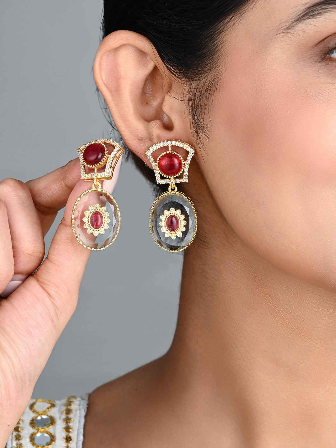 Monalisa Stone & Gold-Tone transparent stone Drop Earrings - Red