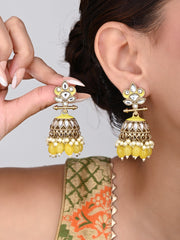 Gold plated Kundan & Meenakari Jhumka Earrings - Yellow
