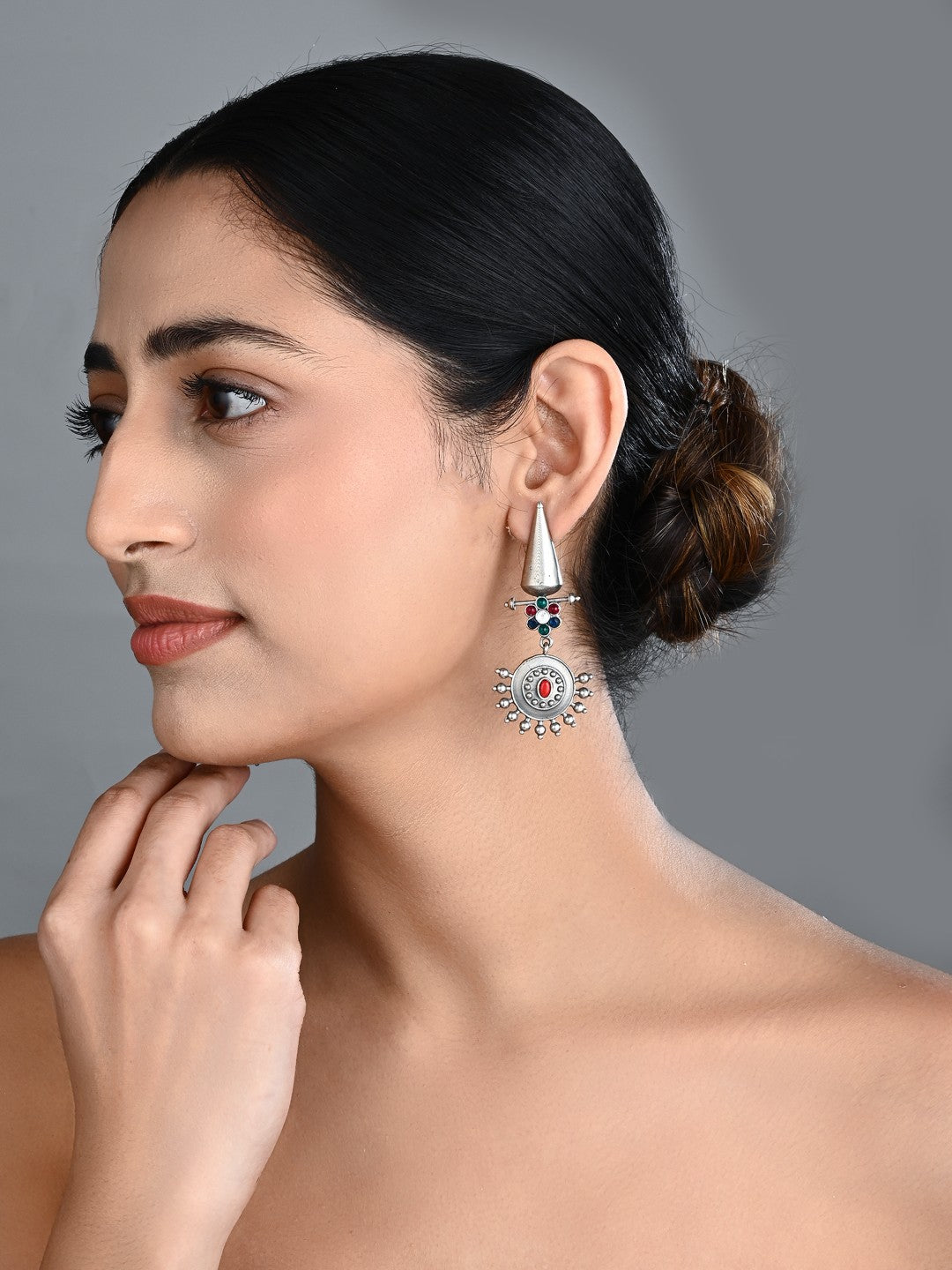 Oxidised Tribal Sun Motif Drop Earrings