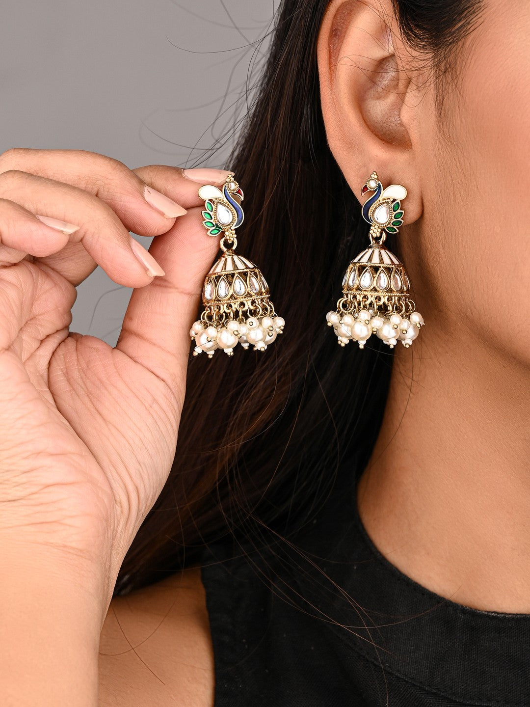 Peacock-inspired jhumka earrings- White