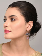 Silver Oxidized Lotus Drop Earrings Pink