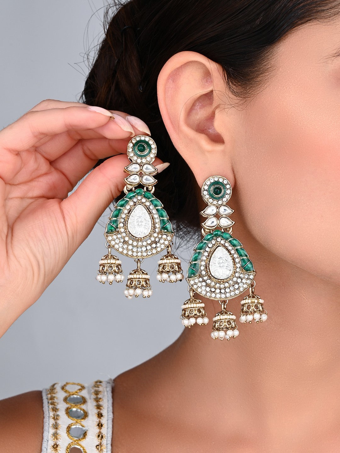 Kundan Chandbali Earrings with Jhumka Drops Green