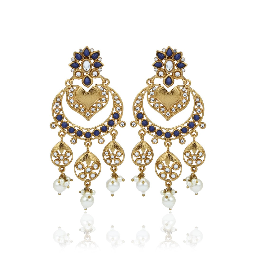 Anaiah Blue Kundan Chandbali Earrings with Pearl Drops