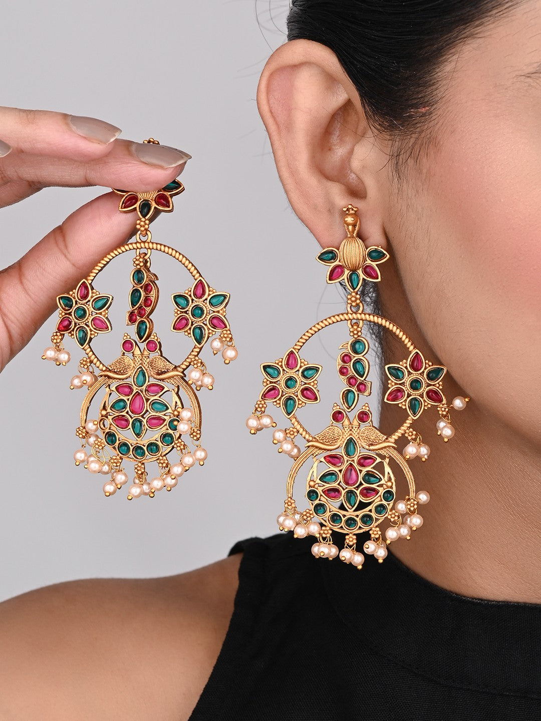 gold plated contemporary Chandbali with Multi coloured stones