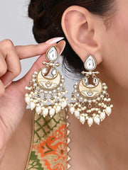 Gold-Plated Meenakari Chandbali Earrings with Kundan & Pearl Drops - White