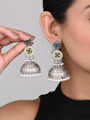 Silver plated long Jhumka - Green