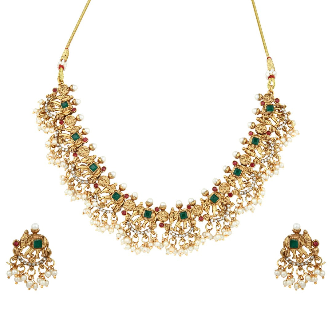 Green Pearl Filigree Elephant Necklace Earrings Set