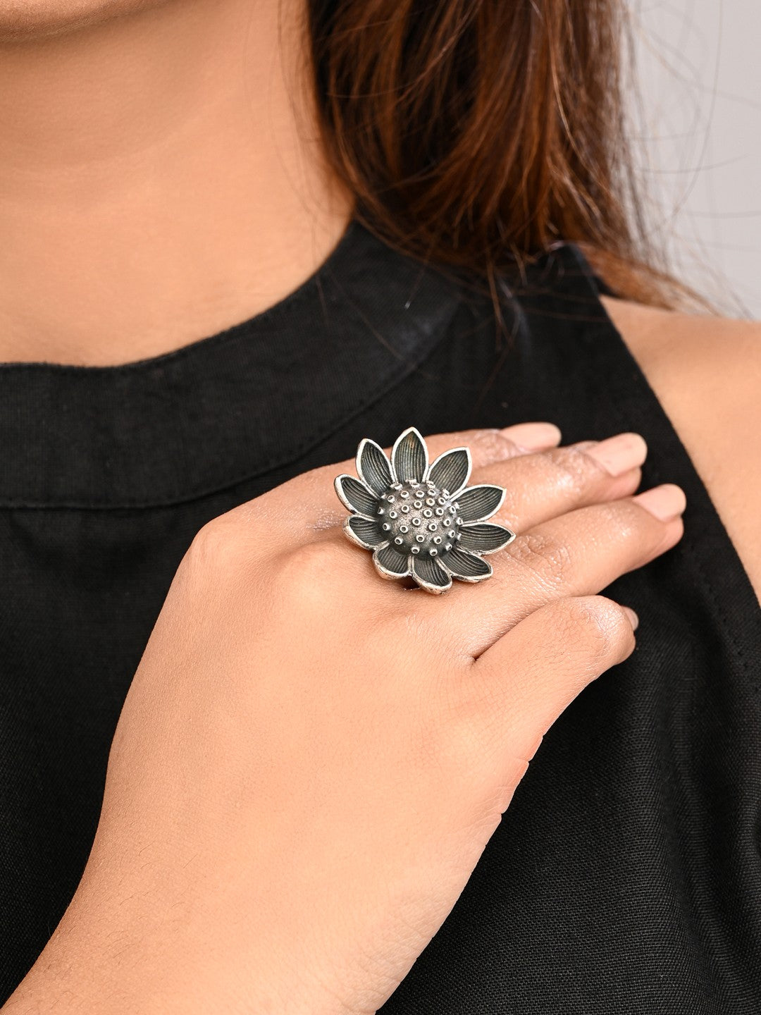Lotus Oxidized Brass Ring