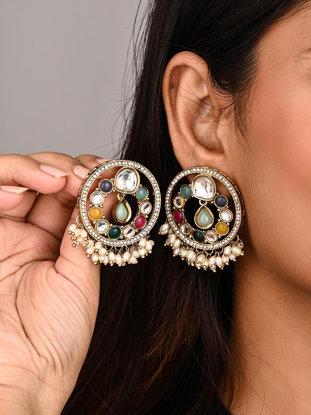 Regal Kundan Pearl Chandbali Earrings - Multi