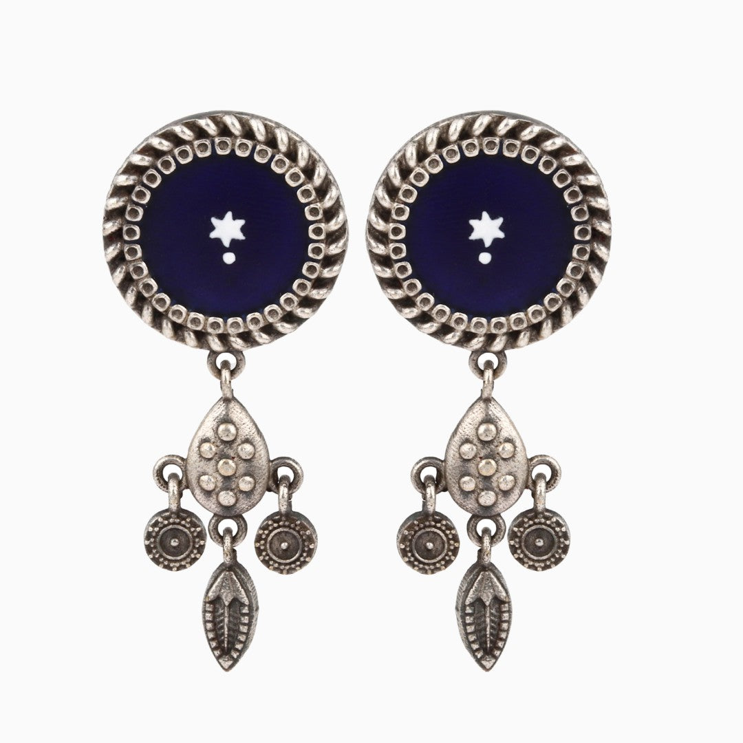 Hand-Painted Circular drop earrings Blue