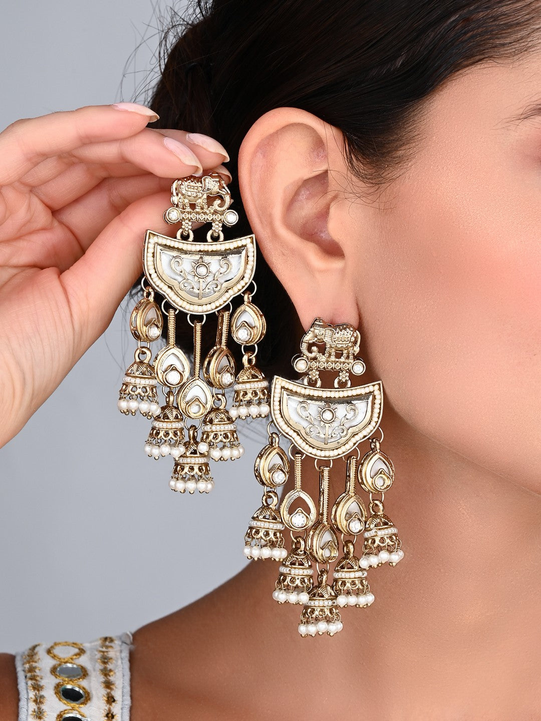 Gold-Toned MOP Chandelier Earrings with Jhumka Drops