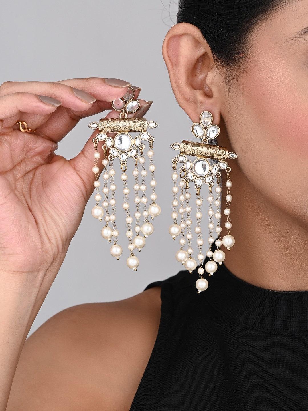 Kundan and Pearl Tassel Earrings