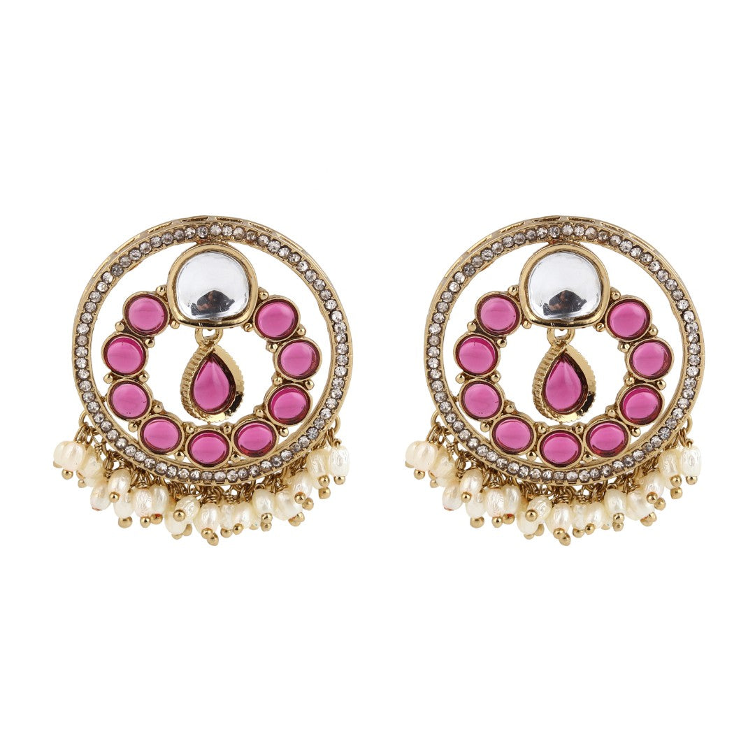 Regal Kundan Pearl Chandbali Earrings - Wine