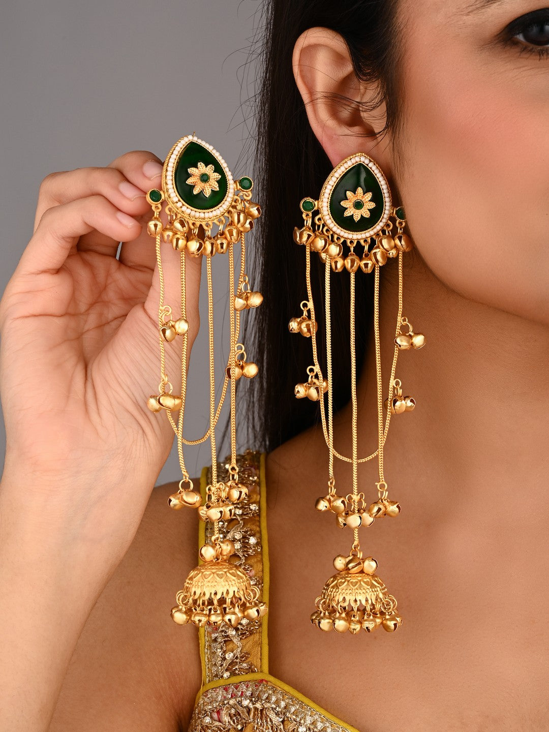 Gold Green Meenakari Jhumka Drop Earrings