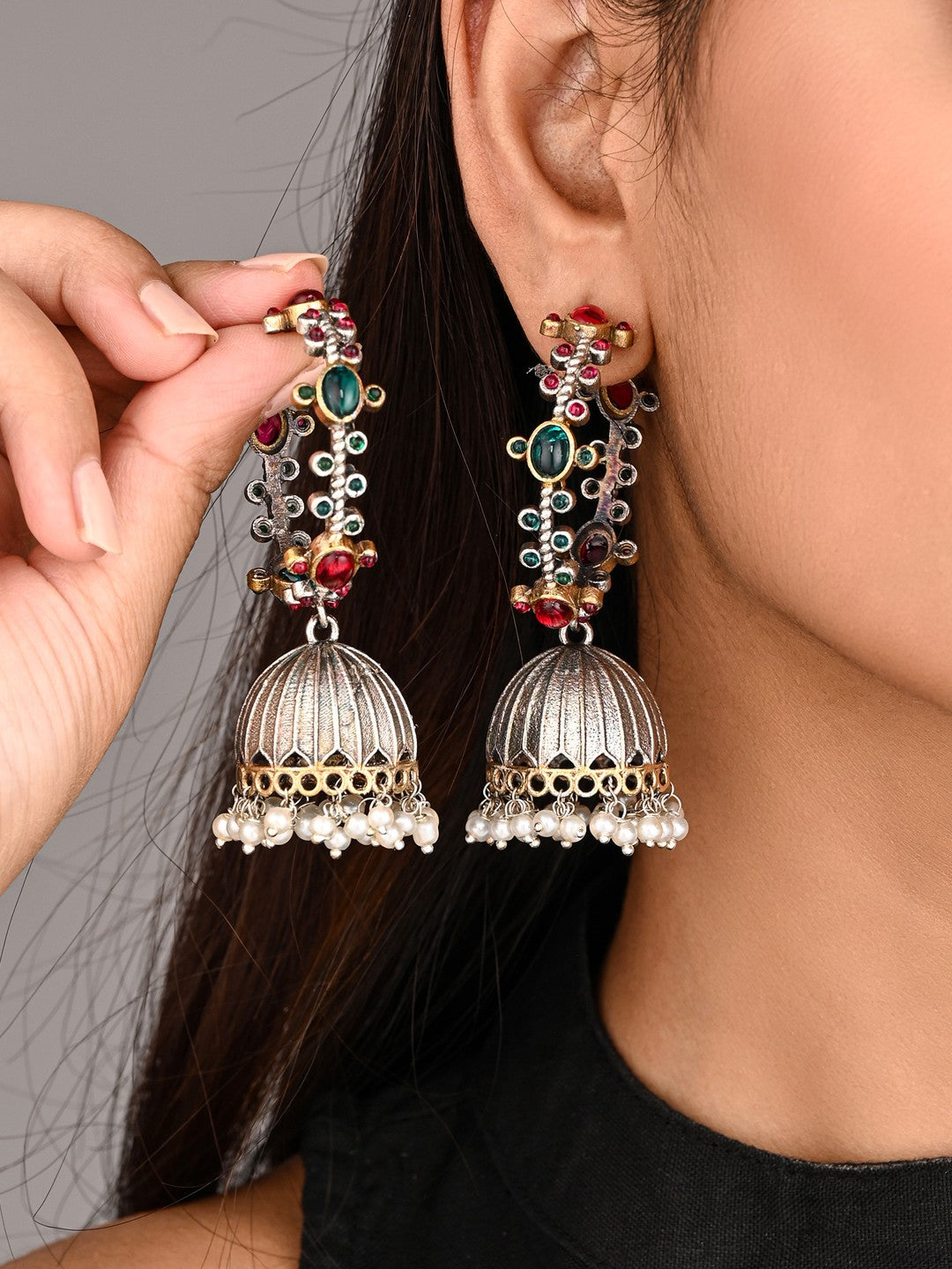 Silver-Tone Brass Stone-Studded Jhumka Earrings