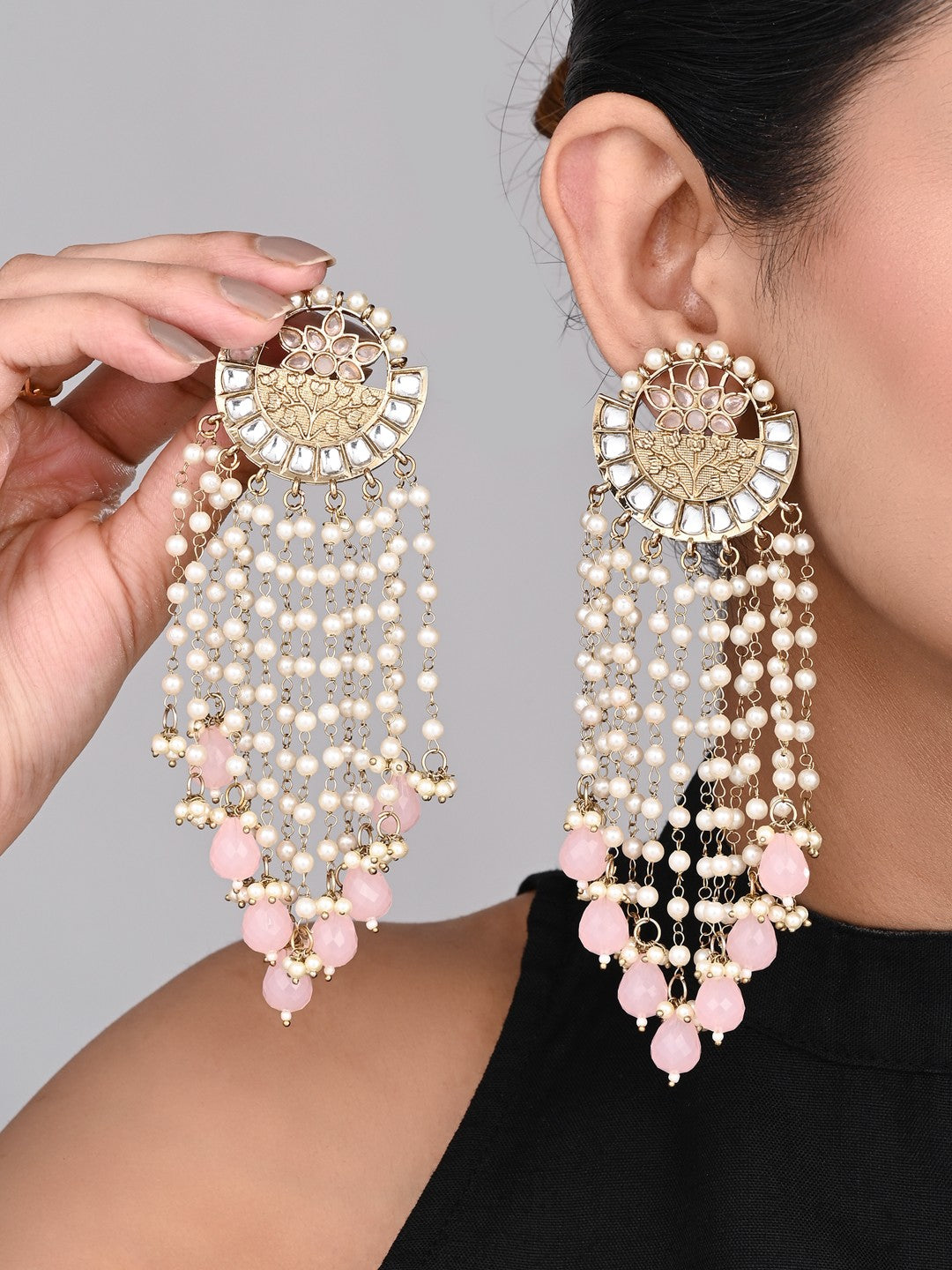 Elegant Pearl & Bead Chandelier Earrings - Pink