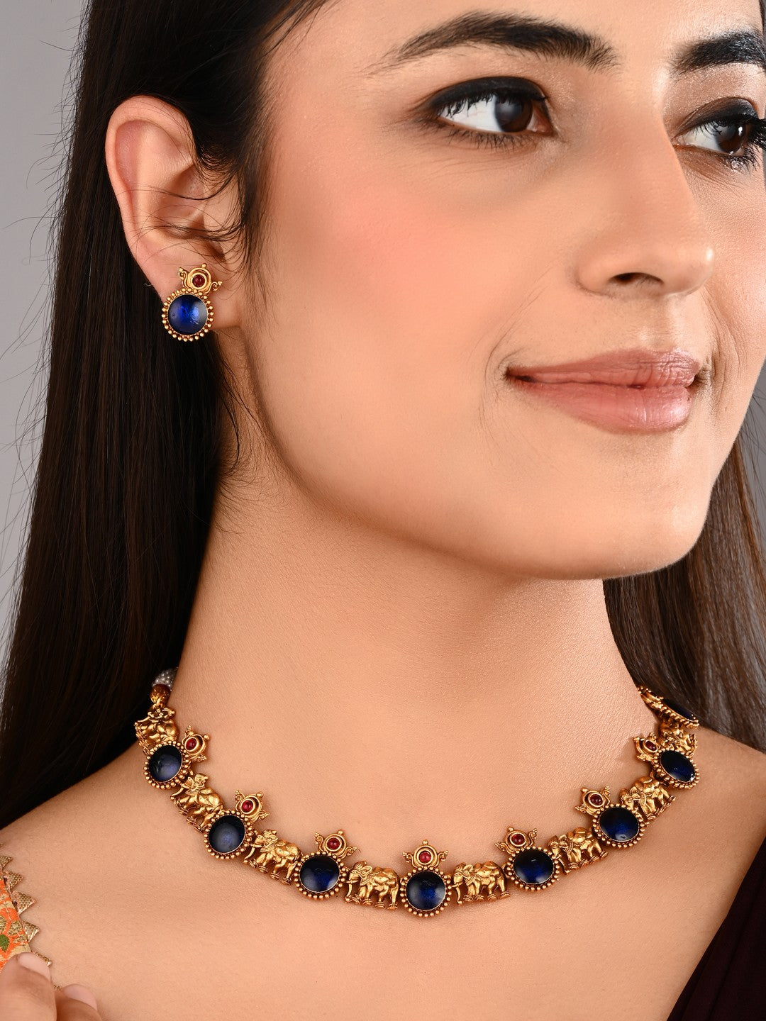 Gold plated Meenakari & Elephant Motif Necklace set - Blue