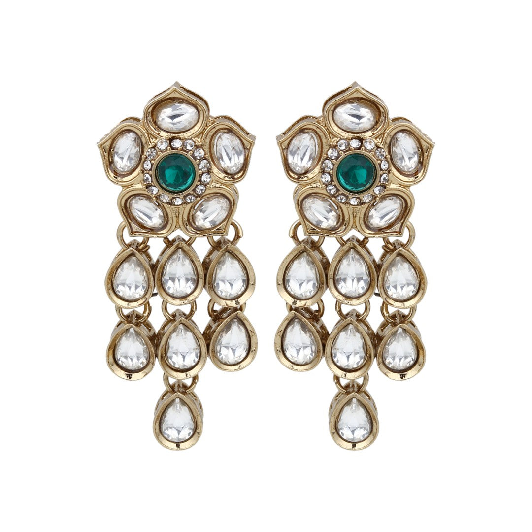 Gold plated Kundan flower drop Earrings - Grn