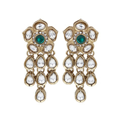 Gold plated Kundan flower drop Earrings - Grn