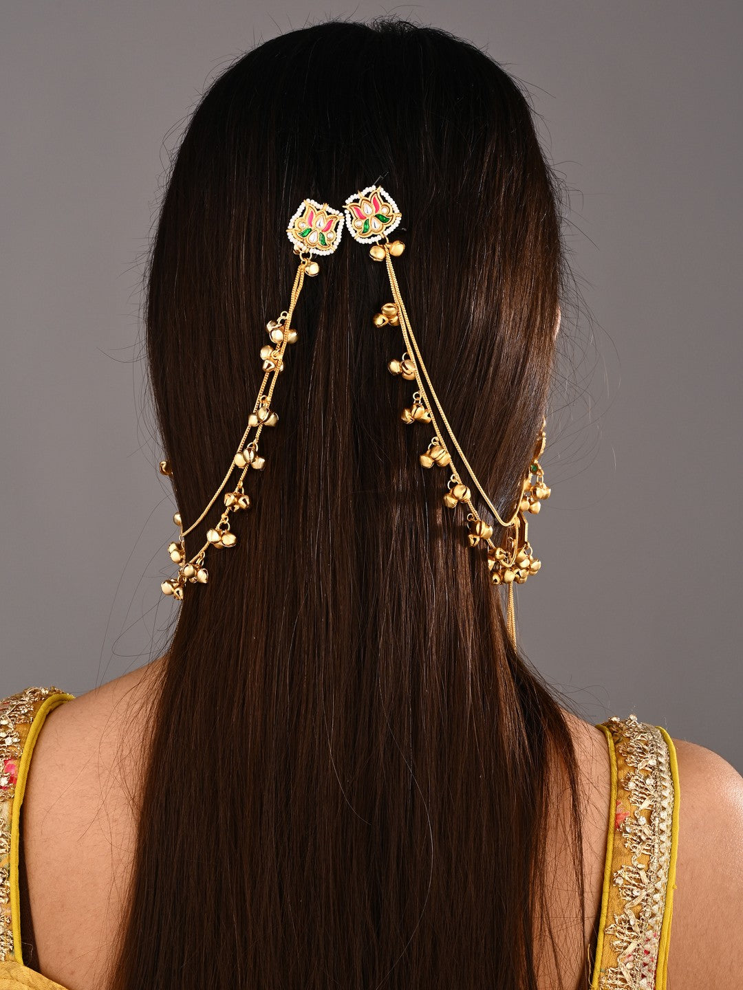 Gold-Tone Kundan &Green & Red Stone Kashmiri Long Chain Earrings