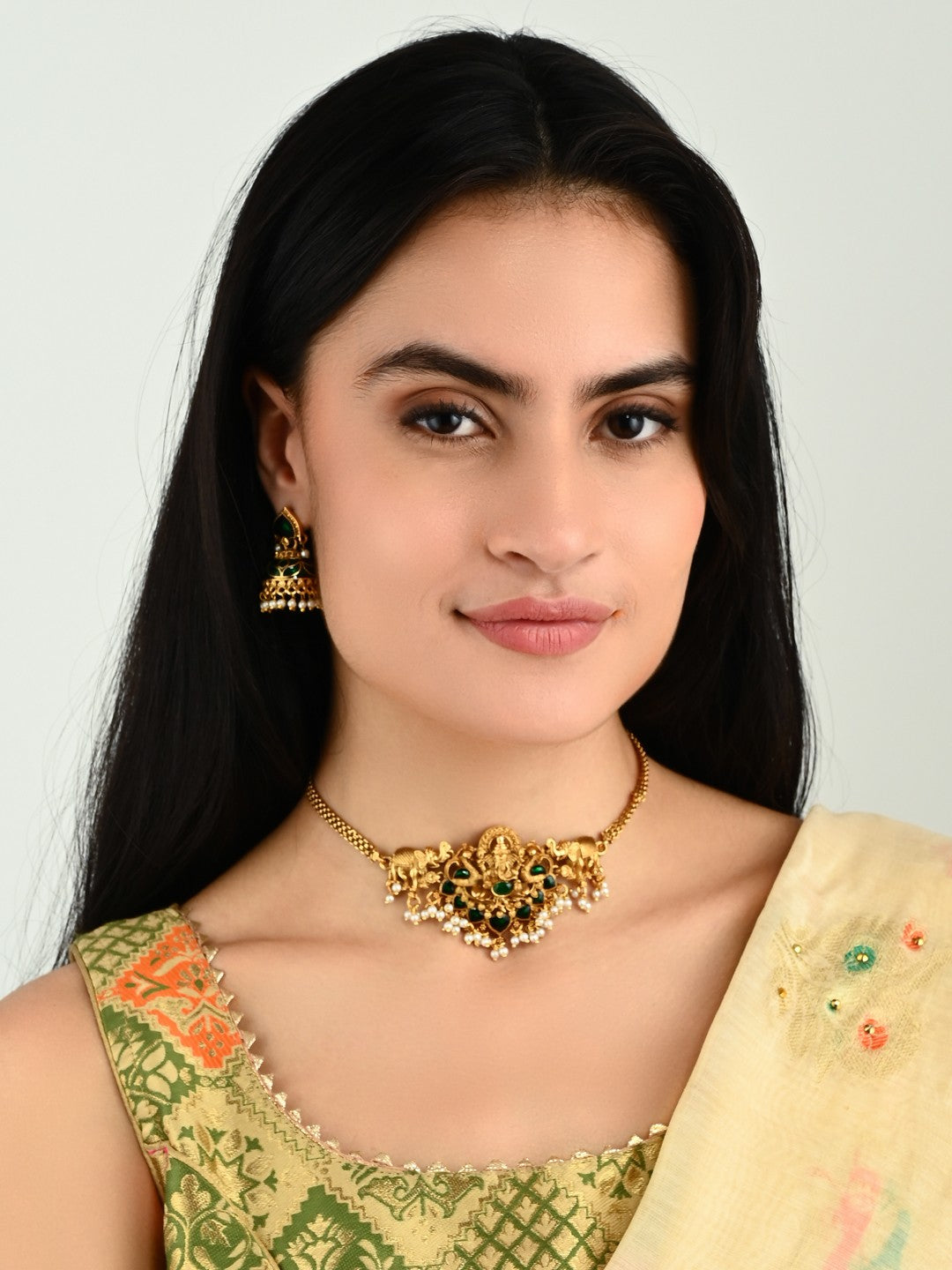 Traditional Temple Lord ganesha Necklace Set with Earrings Green