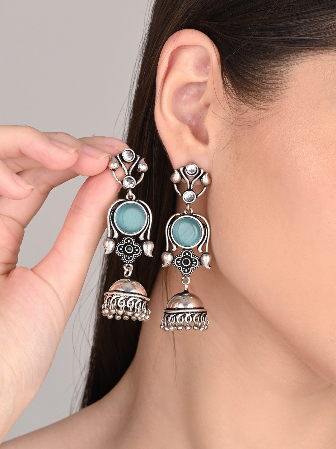 Silver oxydised lightweight long Jhumka Blue