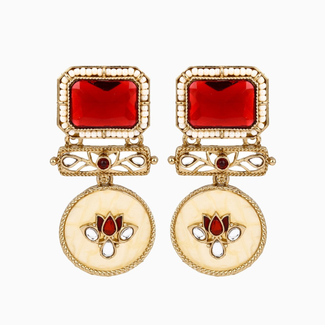 Gold-Plated Geometric Drop Earrings with MOP Filigree Red