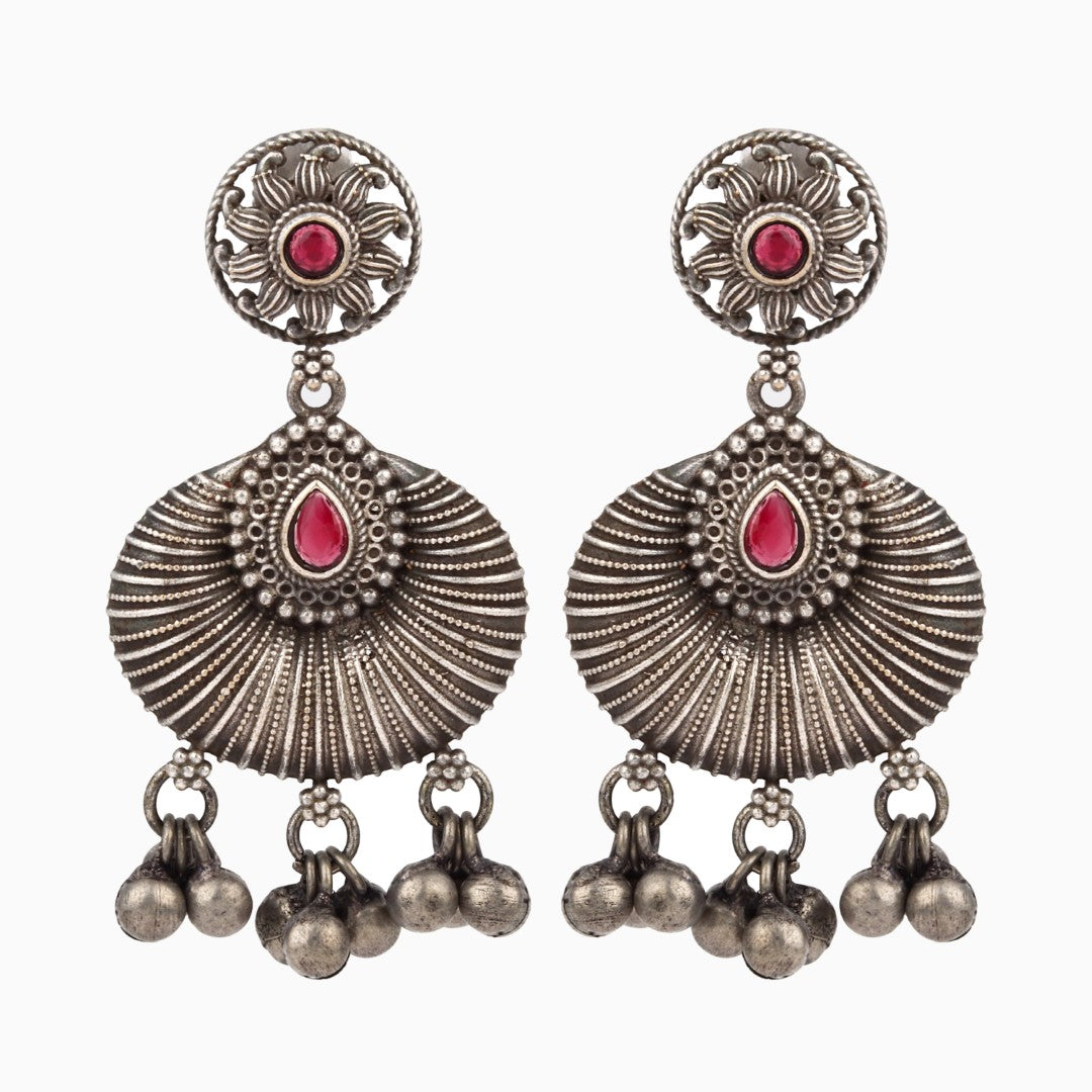 Silver oxidised finish chandbali Red