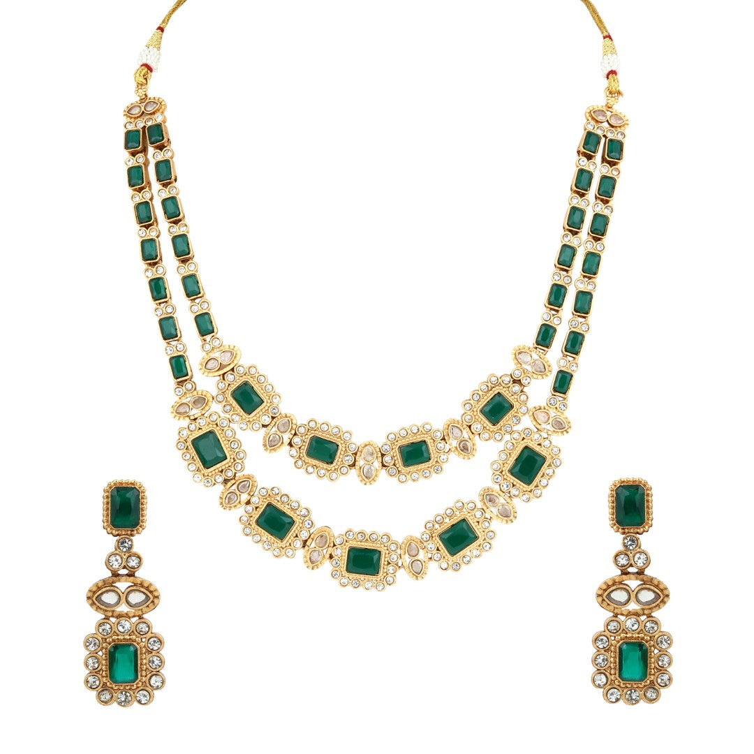 Emerald Double Layer Necklace Earrings Set