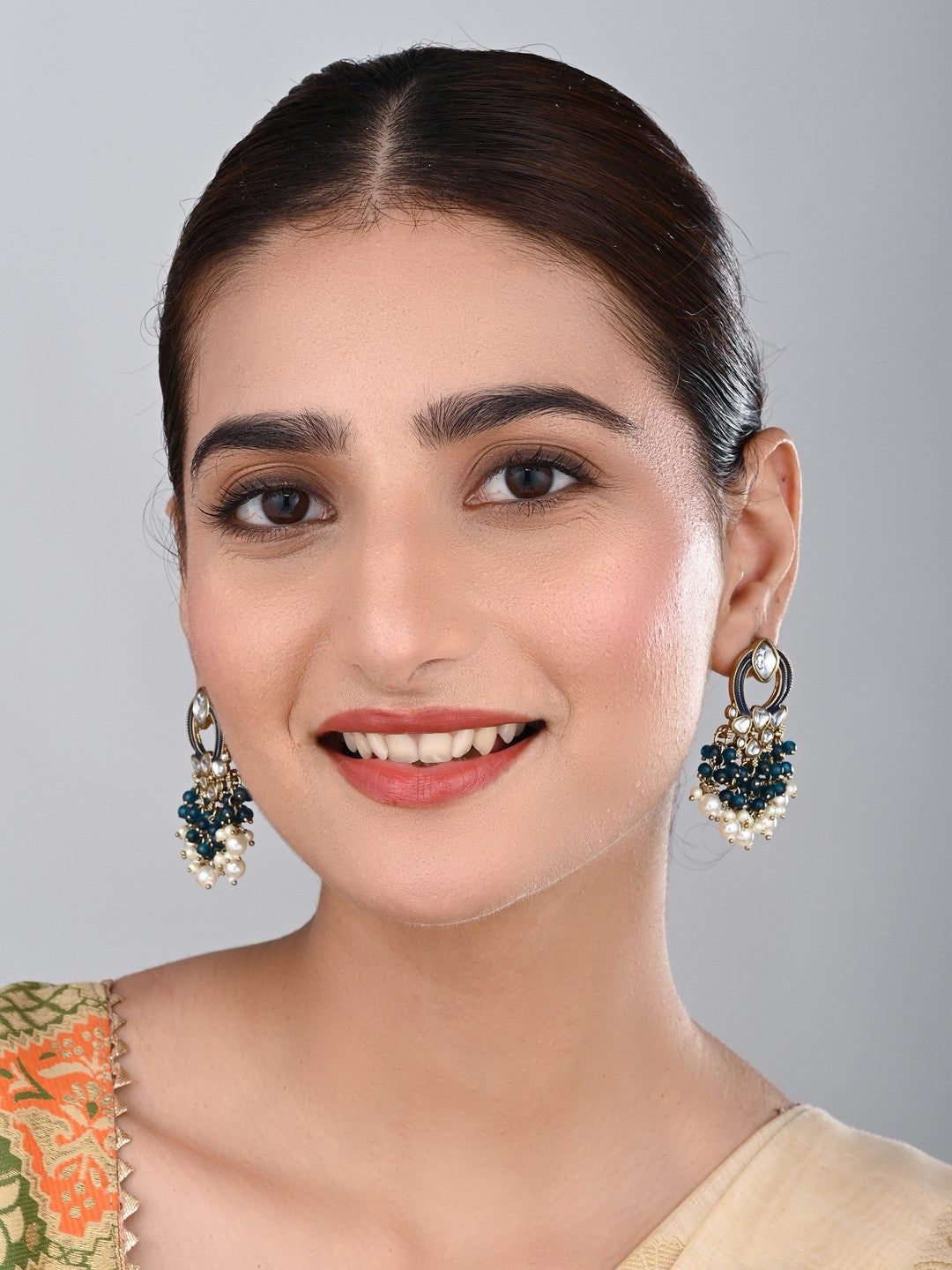 Gold-Plated Meenakari Stud Earrings with Kundan & Pearl Cluster drops - Blue
