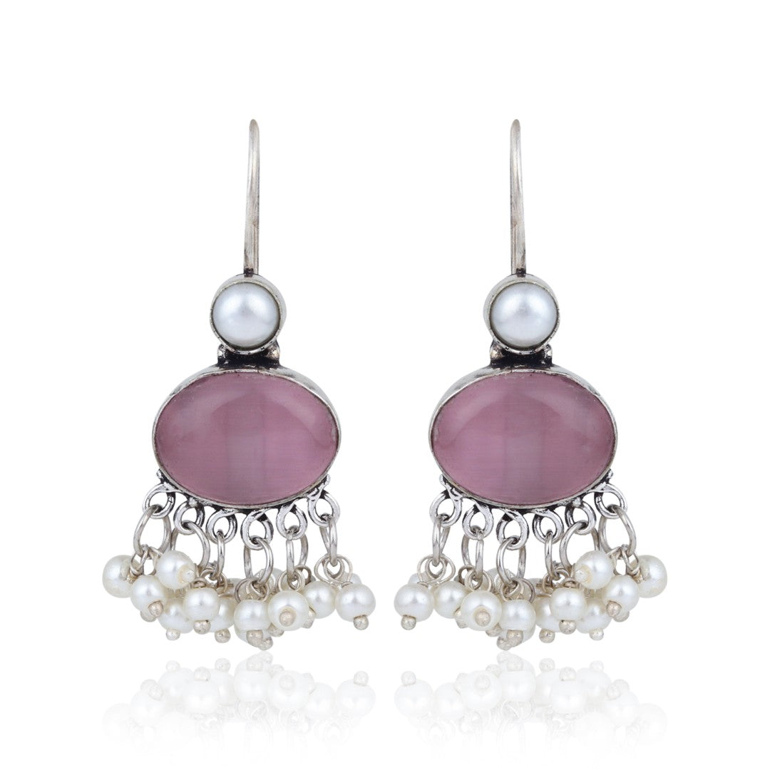 Pink Blue Stone Pearl Fringe Drop Earrings