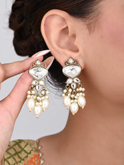 Gold plated Kundan & Pearl drop Earrings- White
