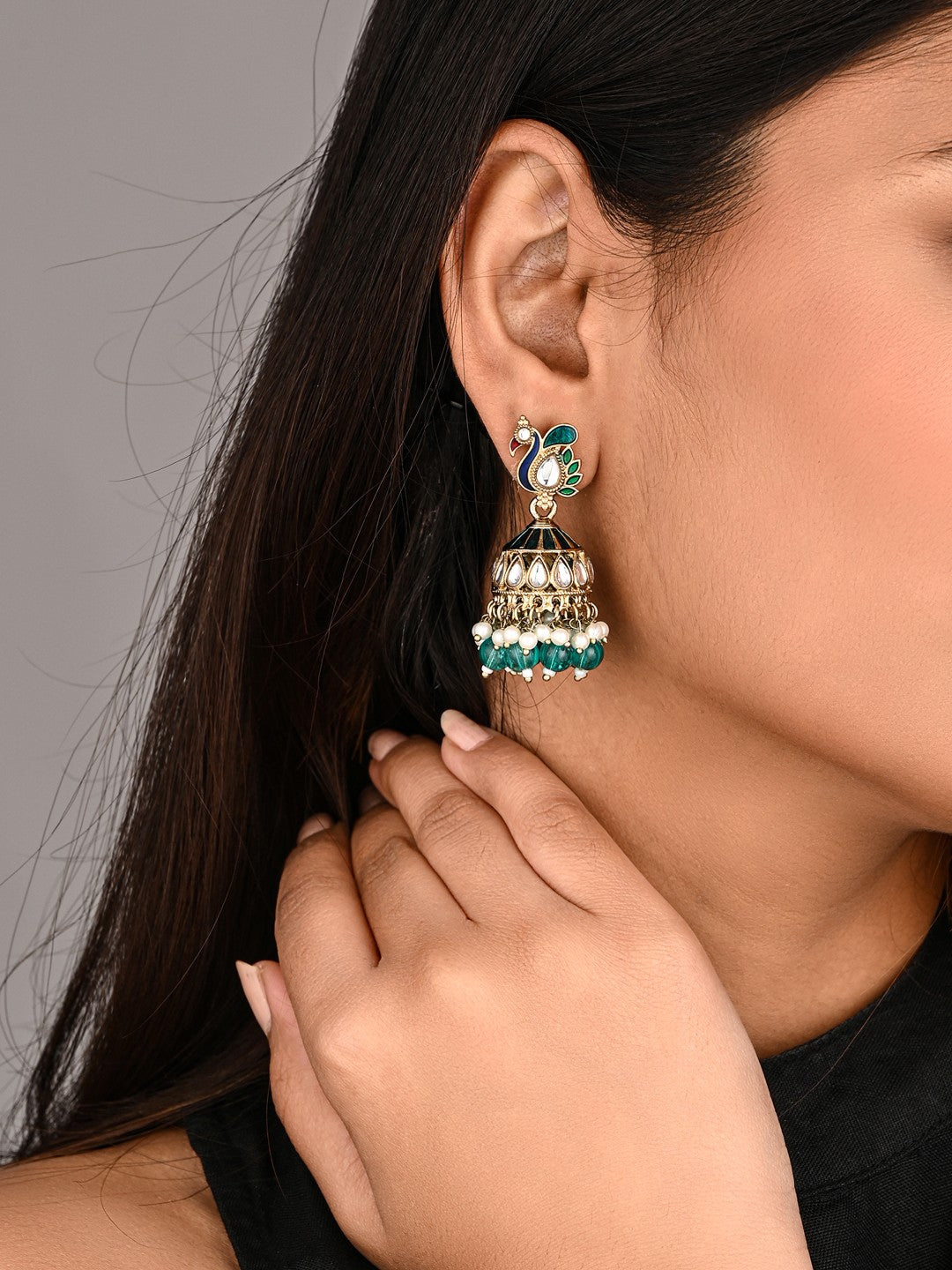 Peacock-inspired jhumka earrings- Blue